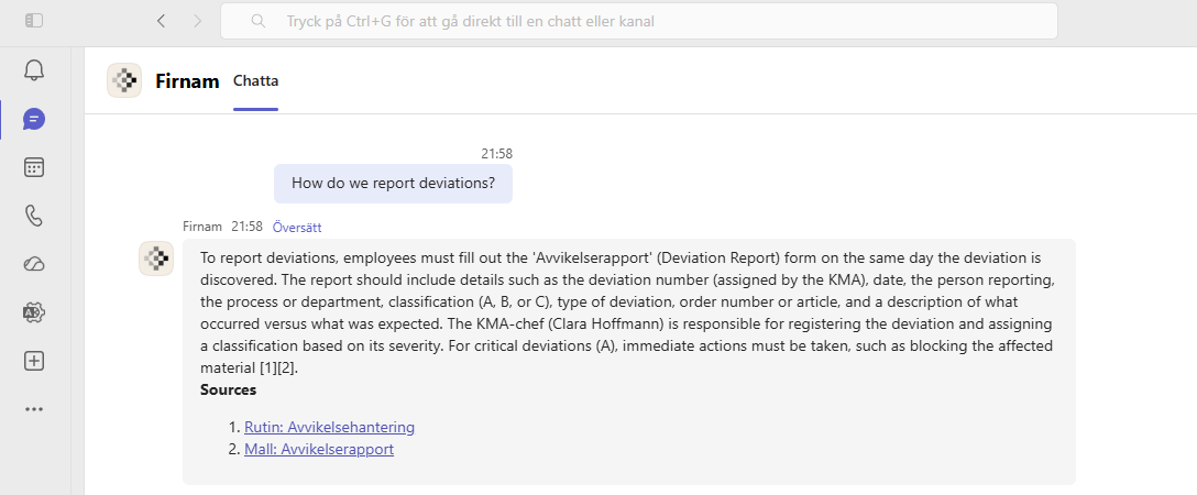 The Firnam assistant in Microsoft Teams answering how to report deviations, citing the routine and template it used